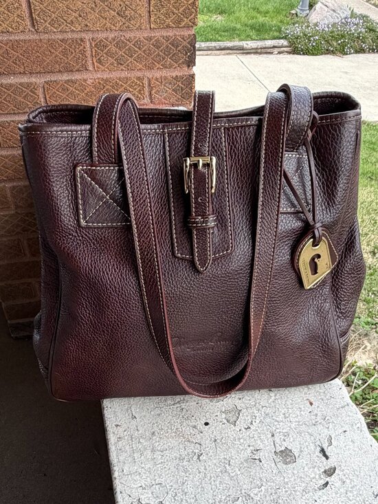Dooney Bourke Handbags - DOONEY & BOURKE Pebbled Leather Buckle Dk Brown Medium Office Tote Shoulder Bag